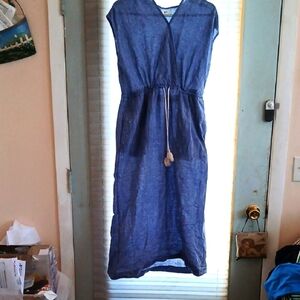 Sleeveless Linen Blend Dress with Drawstring